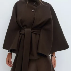 Winter High Neck Batwing Sleeve Coat With Belt Fashion Loose Elegant Button Top Trench Coat For Women Clothing
